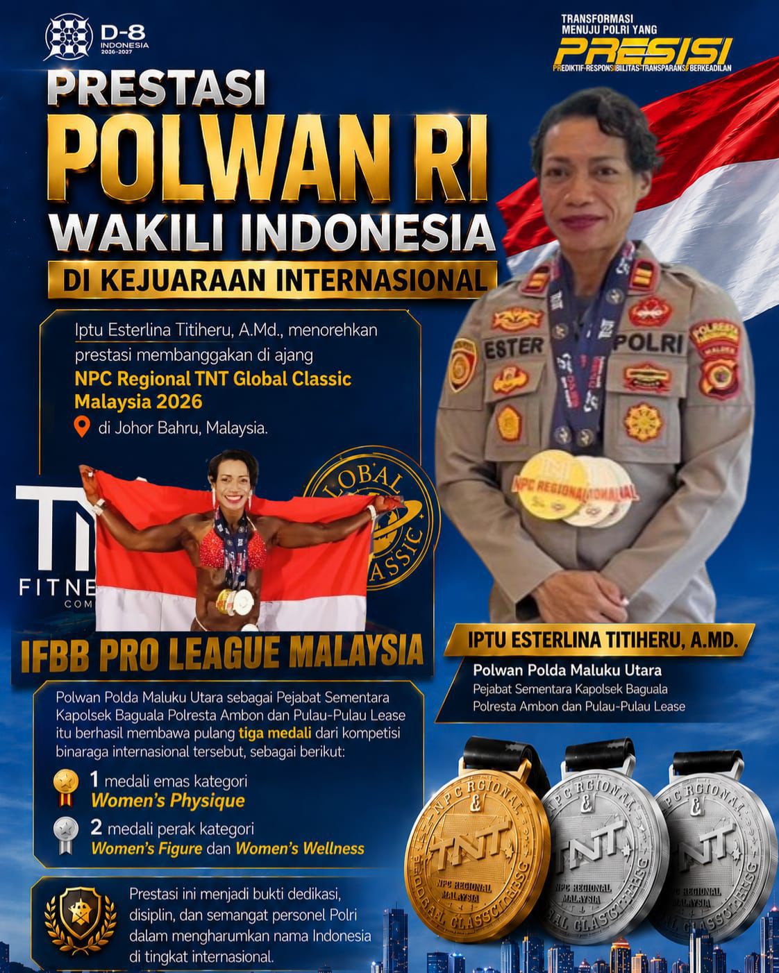 Harumkan Nama Bangsa, Polwan Polda Maluku Iptu Esterlina Titiheru Raih 3 Medali di Ajang Internasional Malaysia